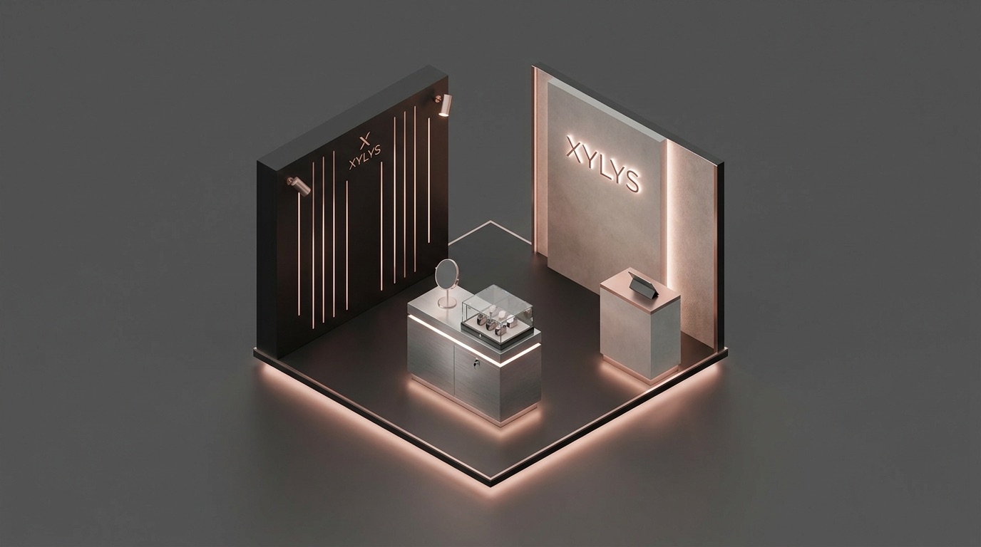 Isometric render of the Xylys booth showing the three zones
